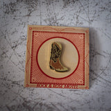 Brown Cowboy Boot Enamel Pin in Packaging Full View