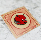 American Traditional Devil Enamel Pin In Packaging Angled View