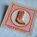 Pink Cowboy Boot Enamel Pin Close Up With Packaging